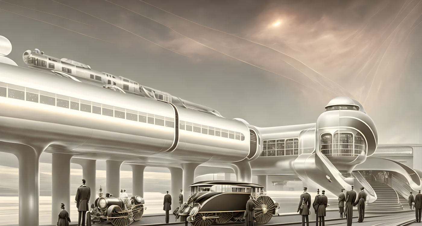 Futuristic retro-style train station with elevated tracks, vintage cars, and elegantly dressed people.