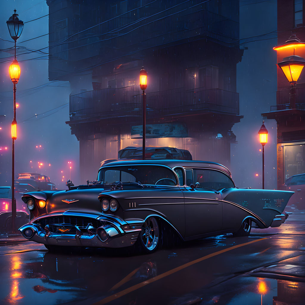Vintage car on wet city street at night with neon signs and futuristic vibe