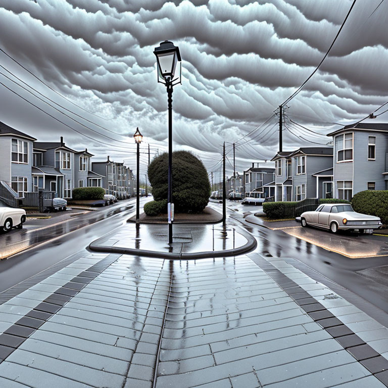 Cloudy sky over wet street scene with cars, houses, roundabout, and street lamp