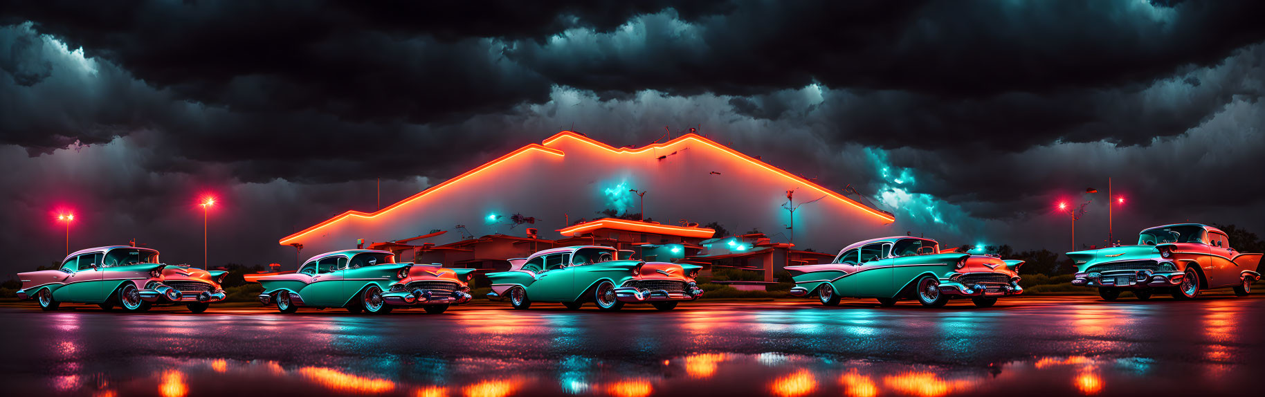 Classic cars outside diner under neon lights in stormy twilight.