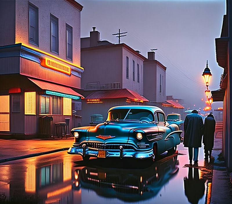 Vintage car parked on wet street at twilight with neon signs and couple walking by lamppost