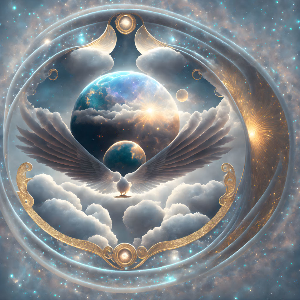 Celestial-themed illustration with planet orb, wings, clouds, metallic frame, starry backdrop