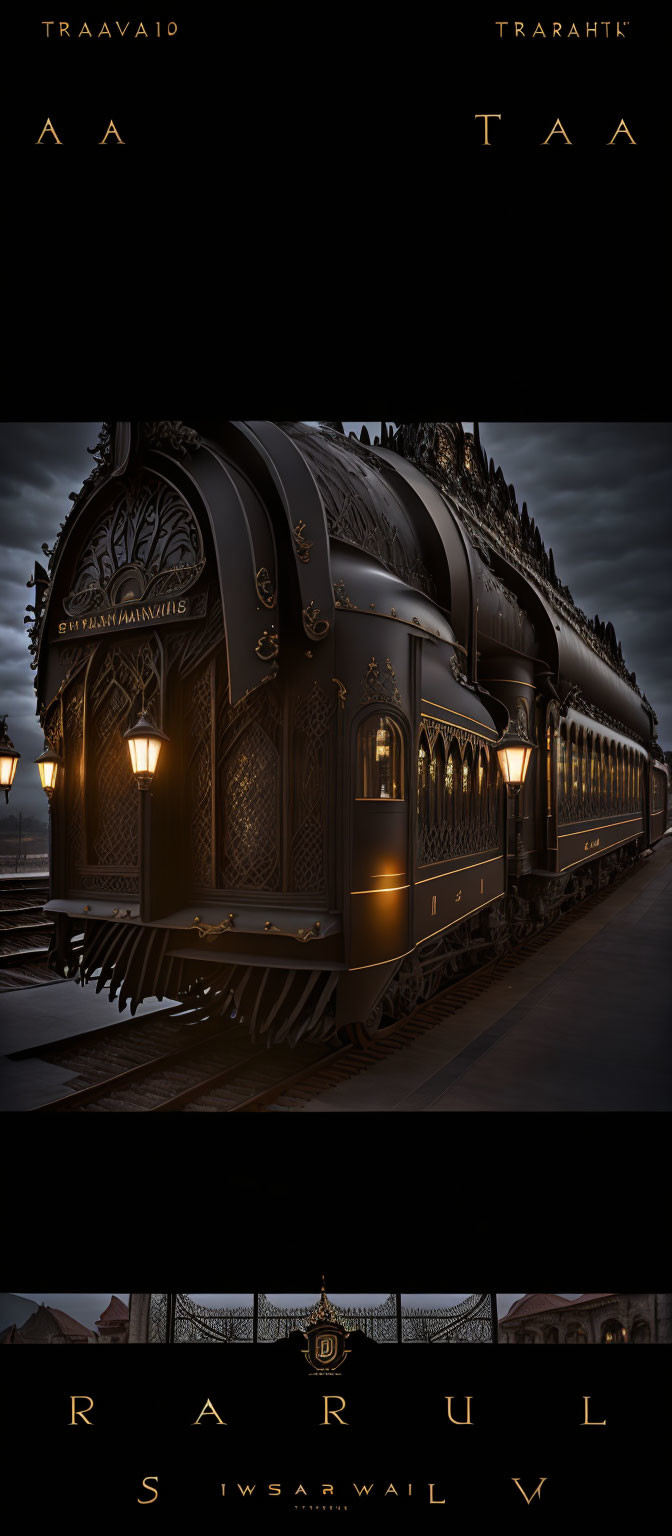 Stylized vintage train at night station with lit lanterns