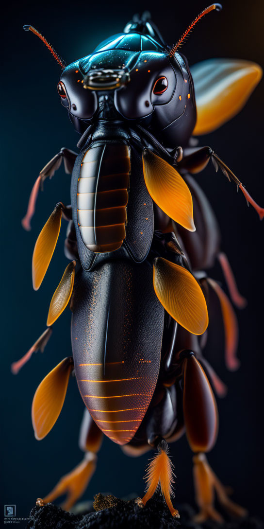 Detailed Macro Photograph of Glossy Black Insect with Orange Limbs