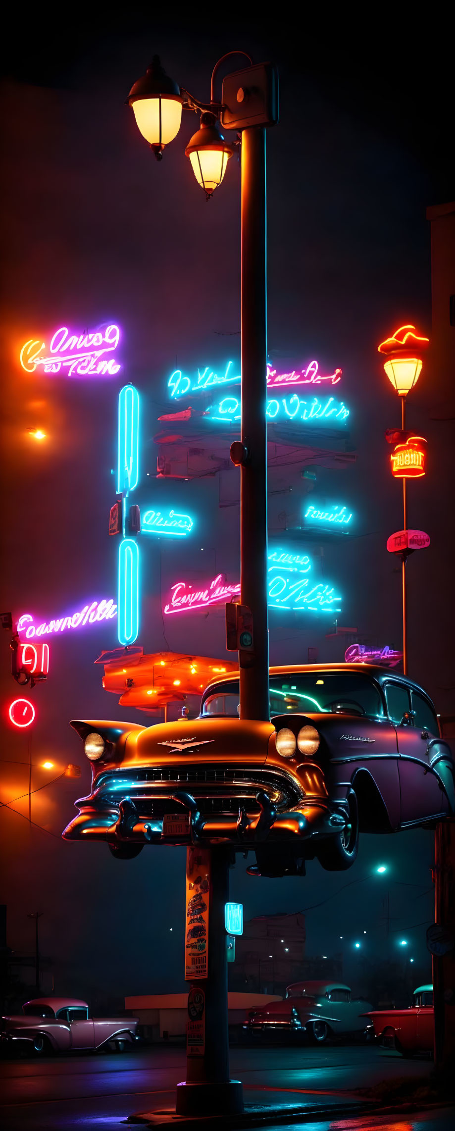 Vintage car parked under neon signs at night with warm and cool tones