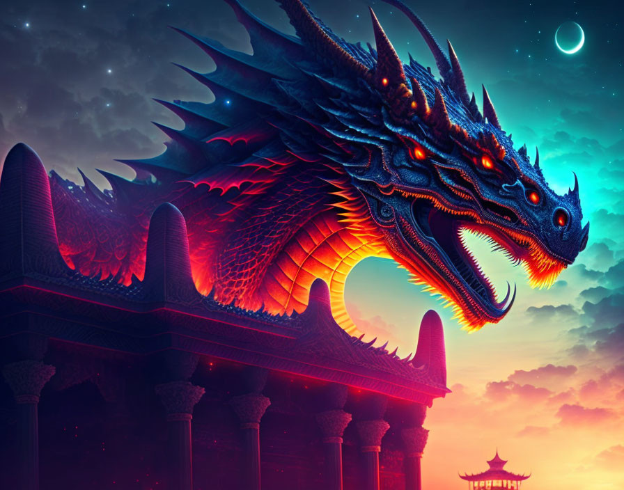 Majestic dragon on Eastern palace under crescent moon