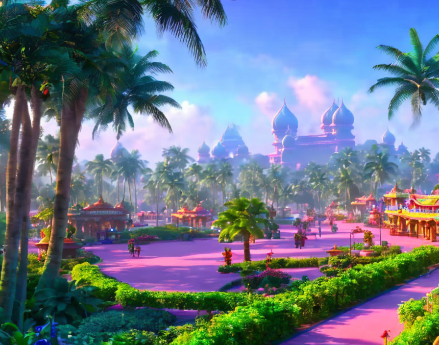 Colorful animated scene with domed buildings, palm trees, and bustling boulevard.