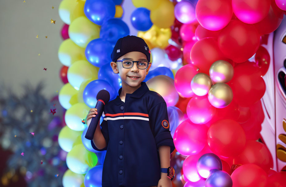 Smiling child with cap and glasses holding microphone near colorful balloons