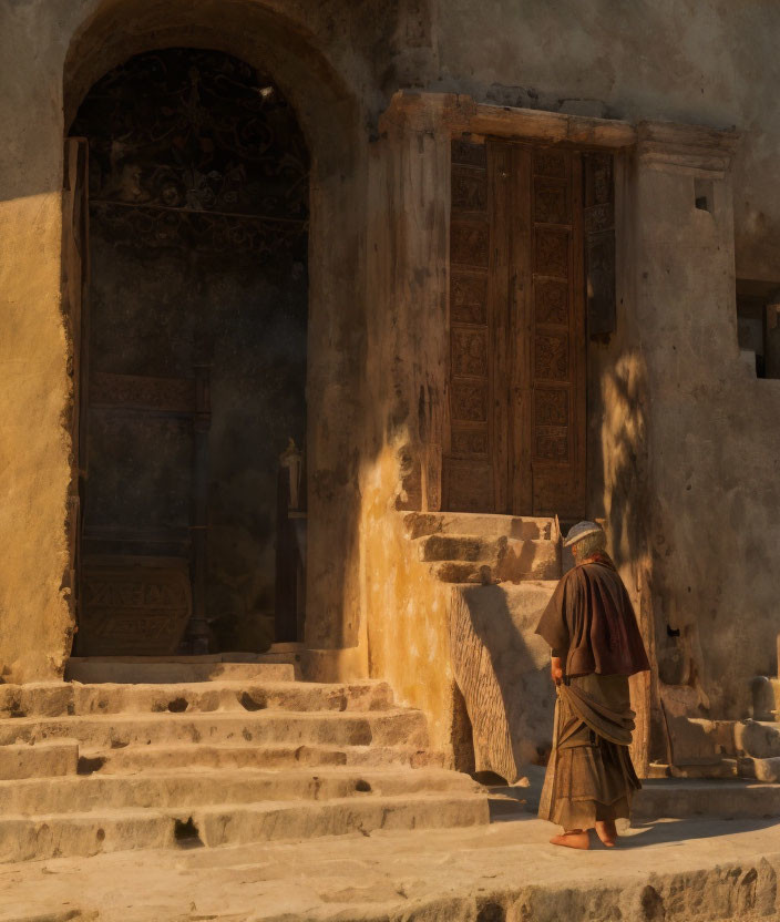 Traditional Attire Figure in Front of Ancient Building with Ornate Doors