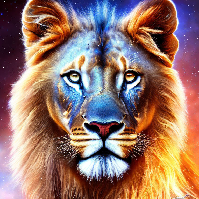 Colorful Lion Artwork with Cosmic Starfield Mane and Blue Eyes