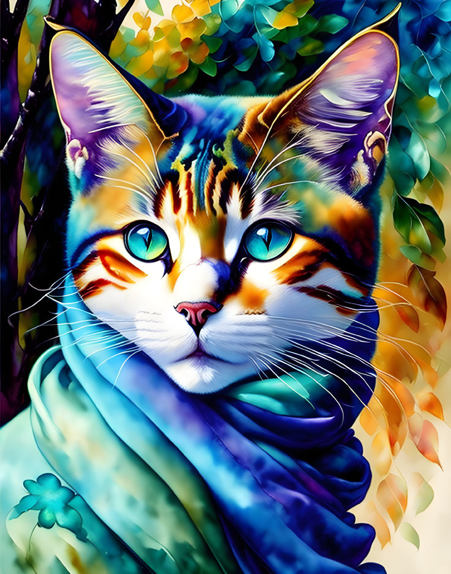 Vibrant digital art: Cat with blue eyes and scarf in lush foliage