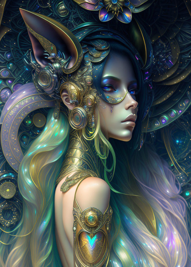 Fantasy illustration: Elf in golden armor with ornate headgear