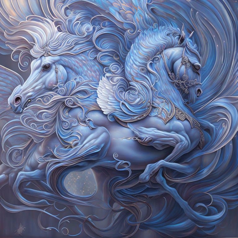 Ethereal blue horses with swirling manes in dreamy digital art