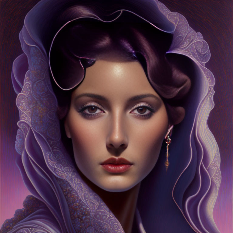 Purple-haired woman with ornate details: Elegant fantasy illustration