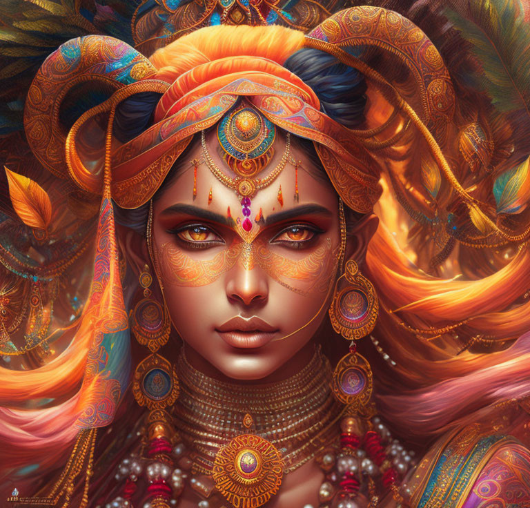 Detailed illustration of woman in ornate orange and gold attire exuding mystical regal vibe