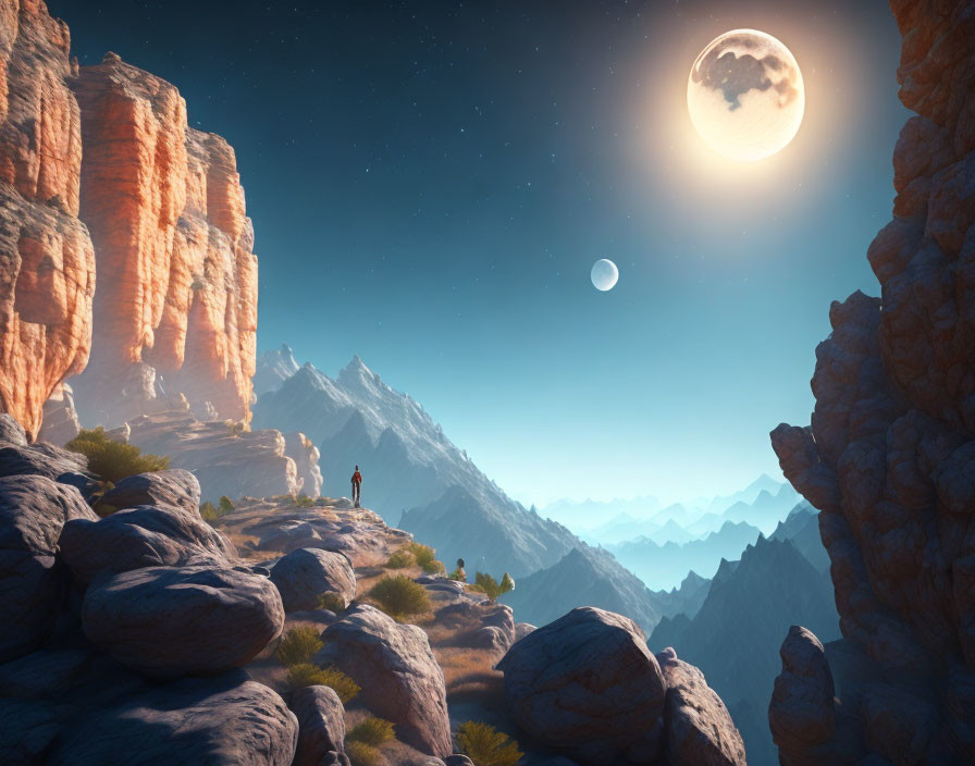 Person standing on rocky terrain under moonlit sky with cliffs and planet in the distance