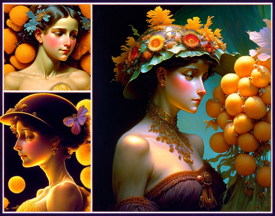 Three Stylized Women Portraits with Floral Headdresses and Nature Motifs