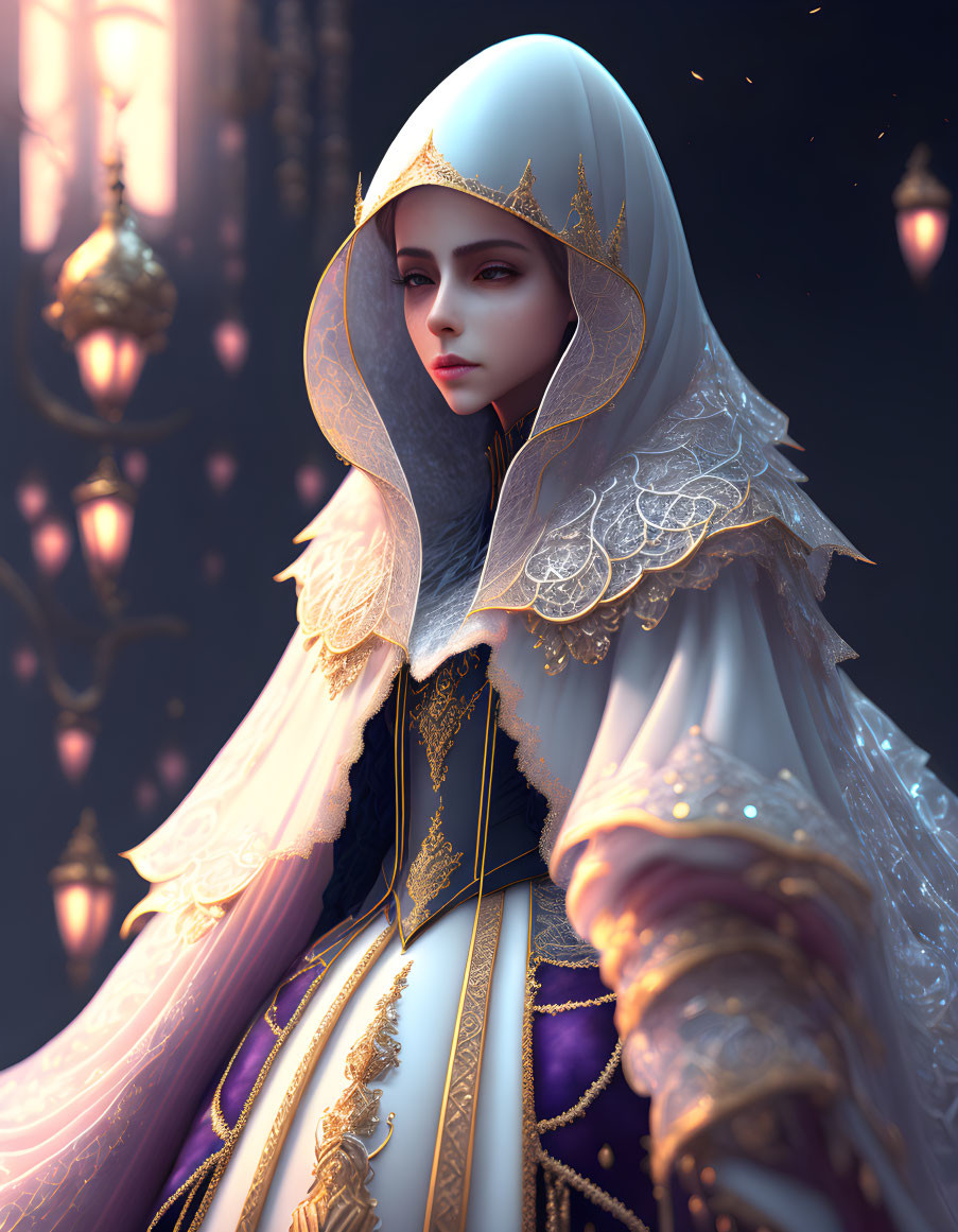 Fantasy character in white and gold cloak with glowing lanterns