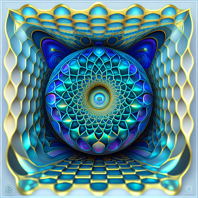 Symmetrical fractal design with central eye-like pattern in blues and golds