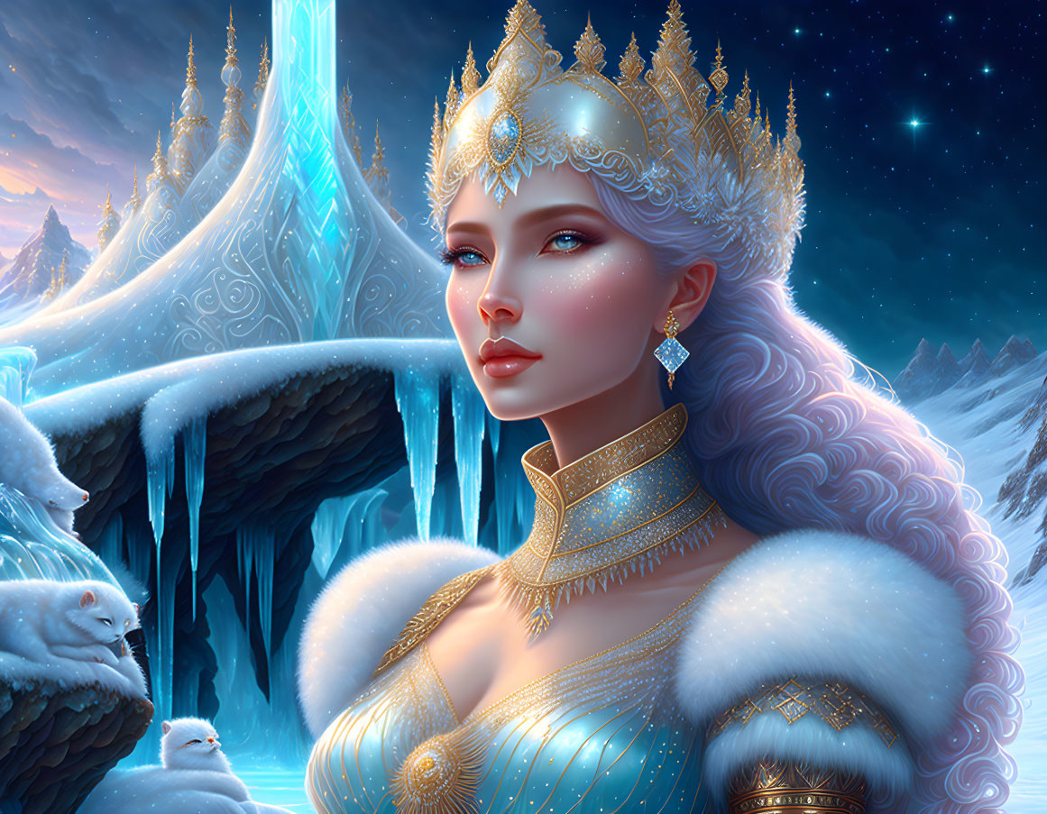 Fantasy Ice Queen with Jeweled Crown and Snowy Palace Background