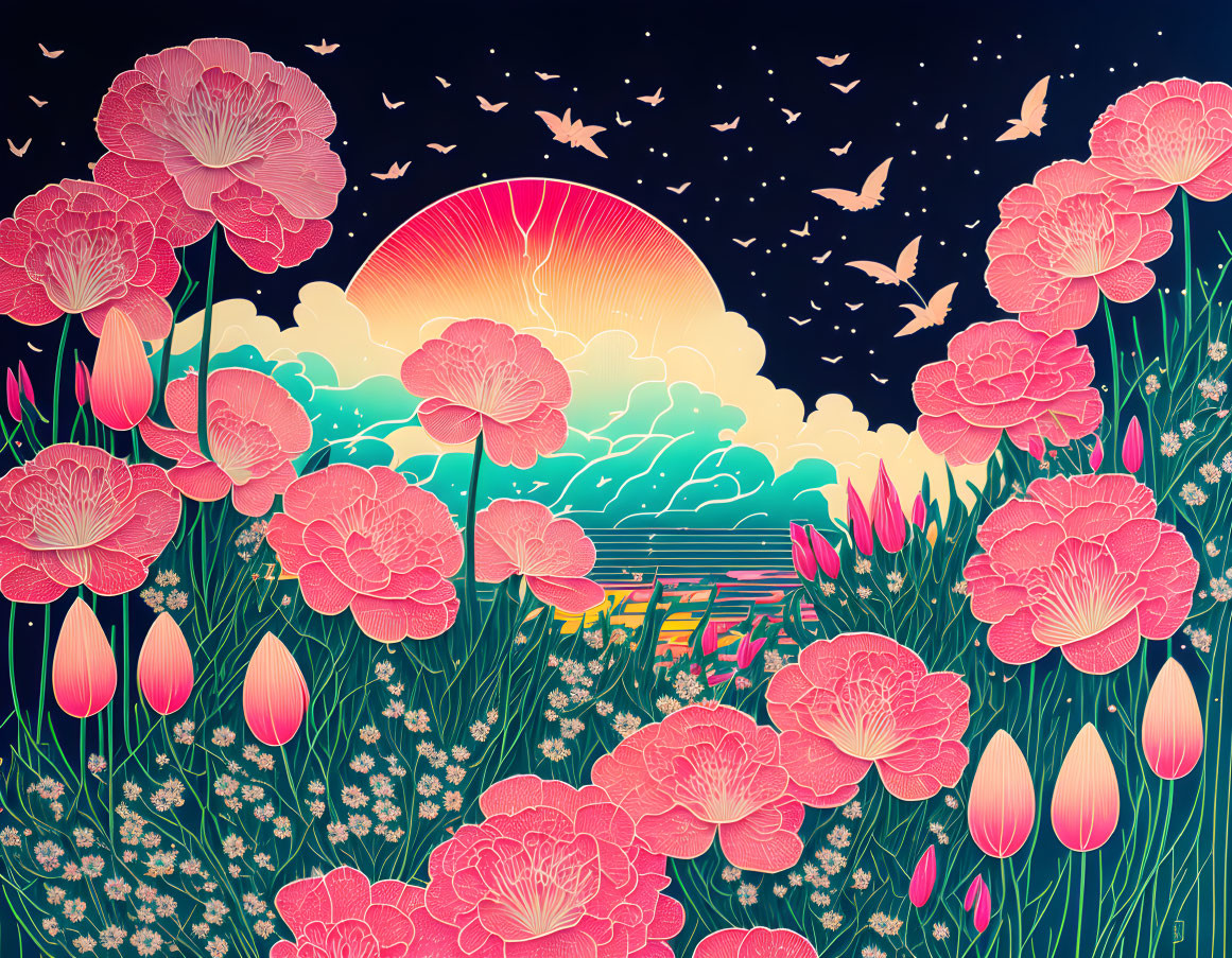 Colorful sunset with pink flowers and tulips, flying birds, and stars in dark sky