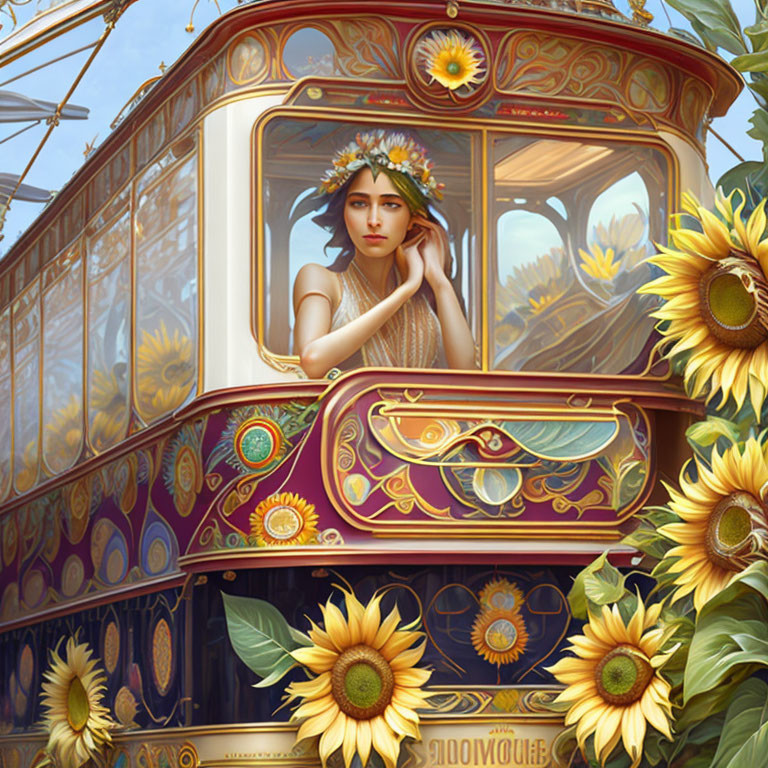 Woman with Sunflower Crown Contemplating in Vintage Tram