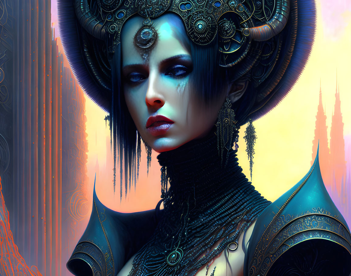 Detailed illustration of woman in ornate headgear and armor with metallic detailing and otherworldly spires