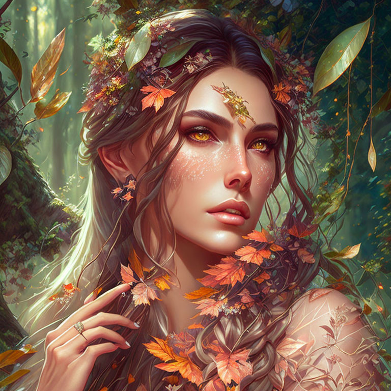 Digital portrait of woman with leafy embellishments and forest theme.