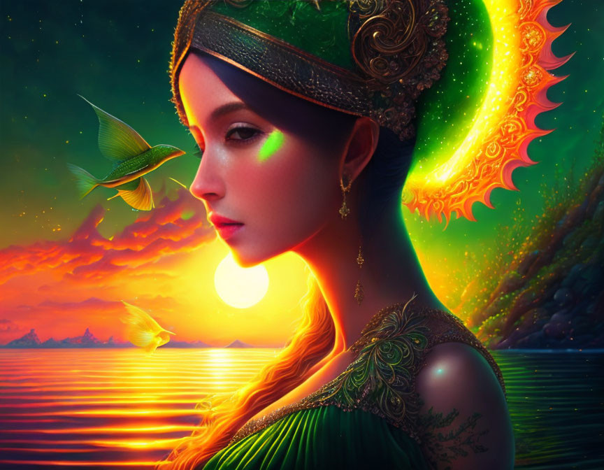 Fantasy illustration of woman in glowing attire at surreal sunset by sea