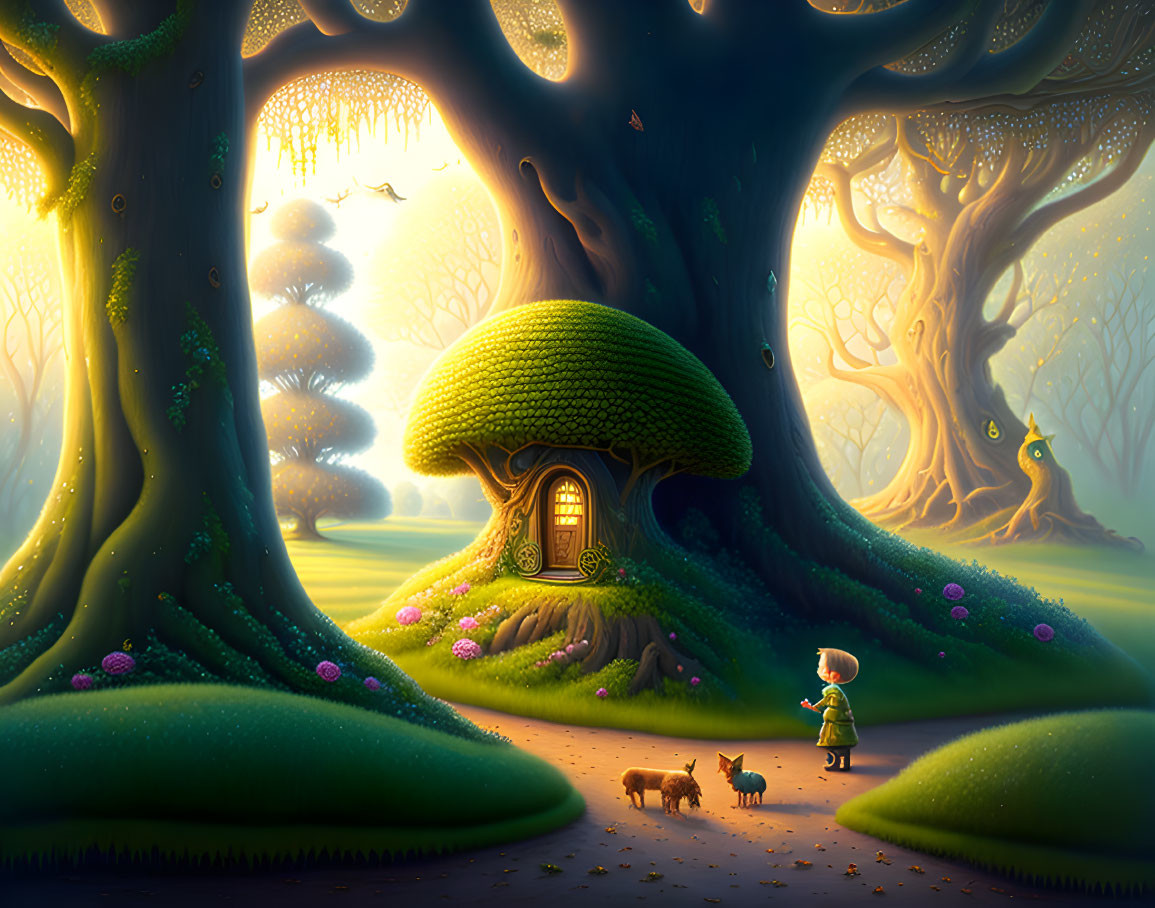 Child and dog near mushroom house in enchanted forest.