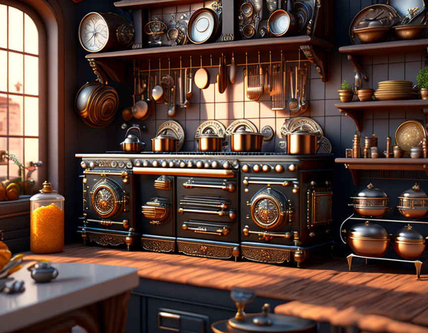 Classic Vintage-Style Kitchen with Black Stove & Brass Accents