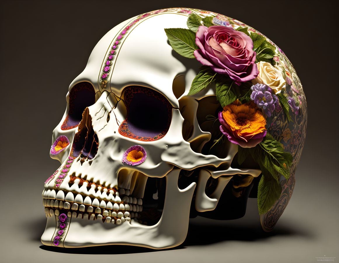 Colorful Flower Adorned Human Skull Illustration on Neutral Background