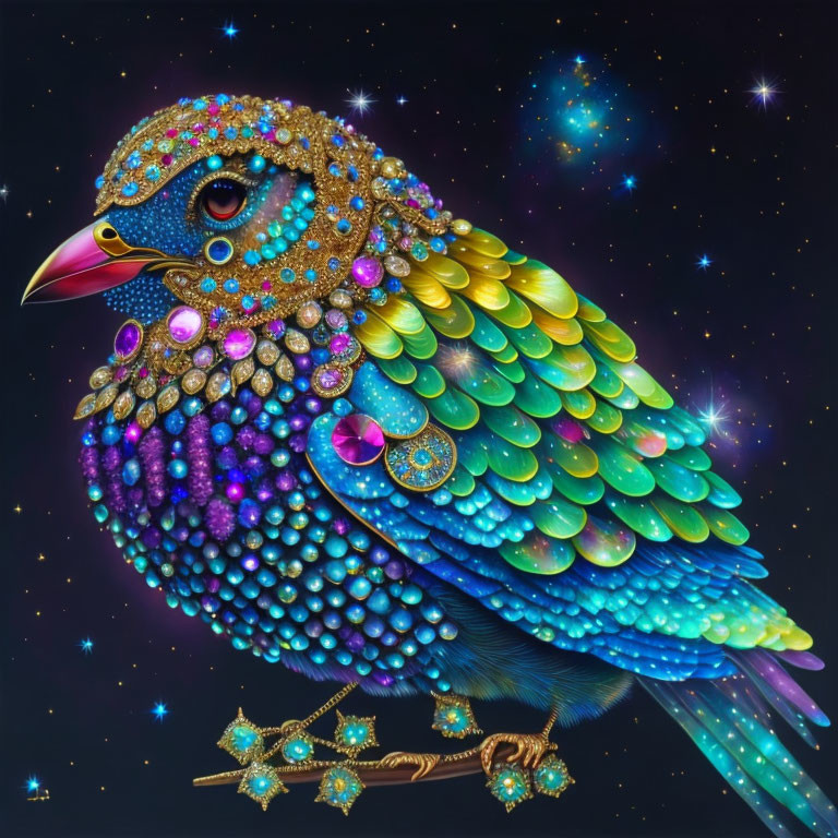 Colorful jeweled bird with golden beak on starry background.