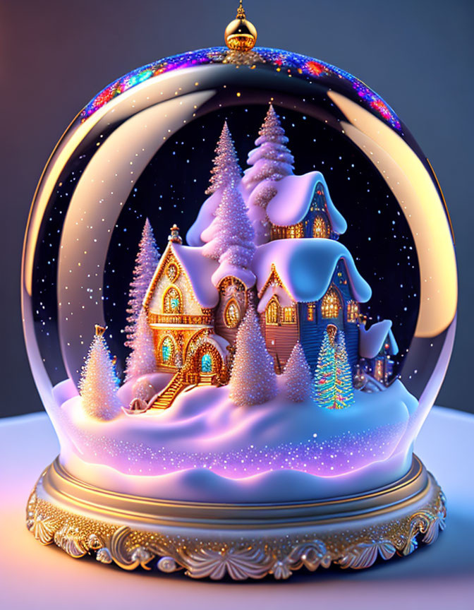 Snow globe with winter village scene and starry sky.