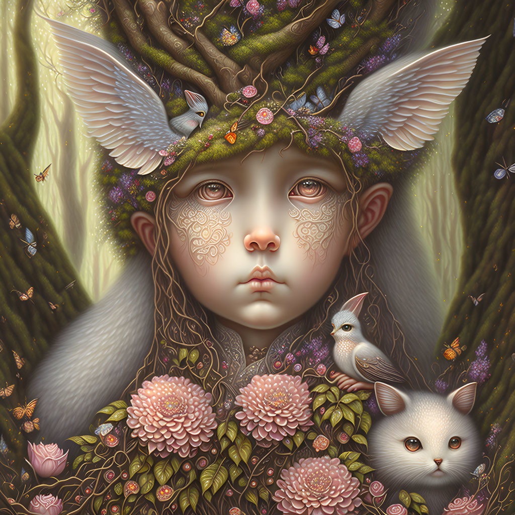 Child with pointed ears surrounded by pink flowers, animals, and tree-branch crown