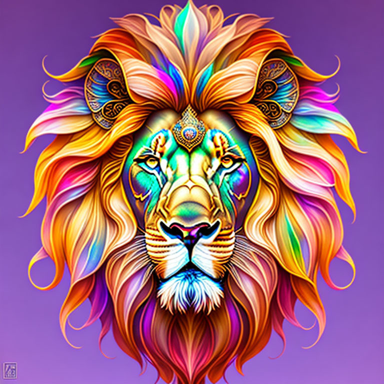 Colorful Lion Illustration with Rainbow Mane and Tribal Markings on Purple Background