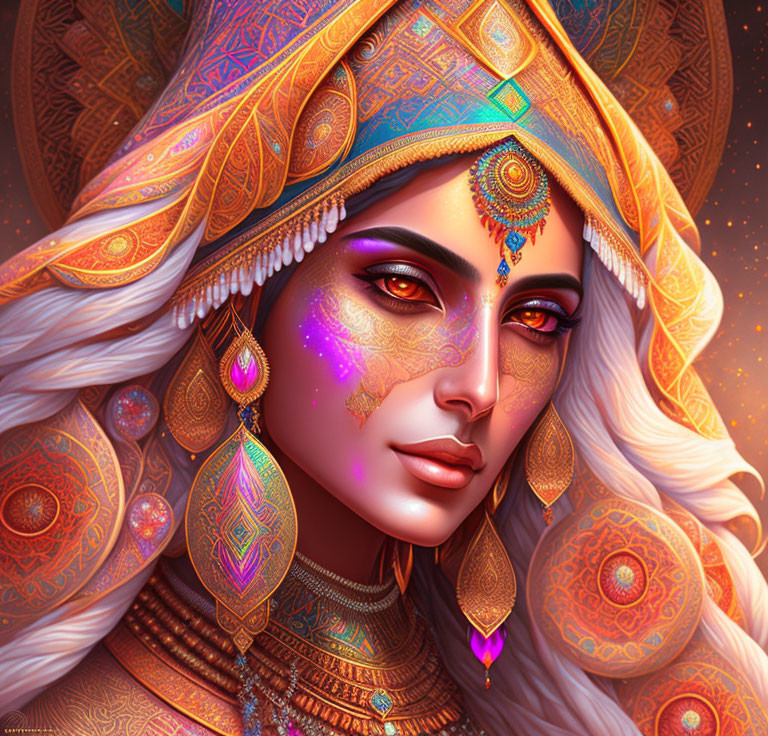 Detailed Illustration: Woman in Ornate Gold and Jewel-Toned Adornments