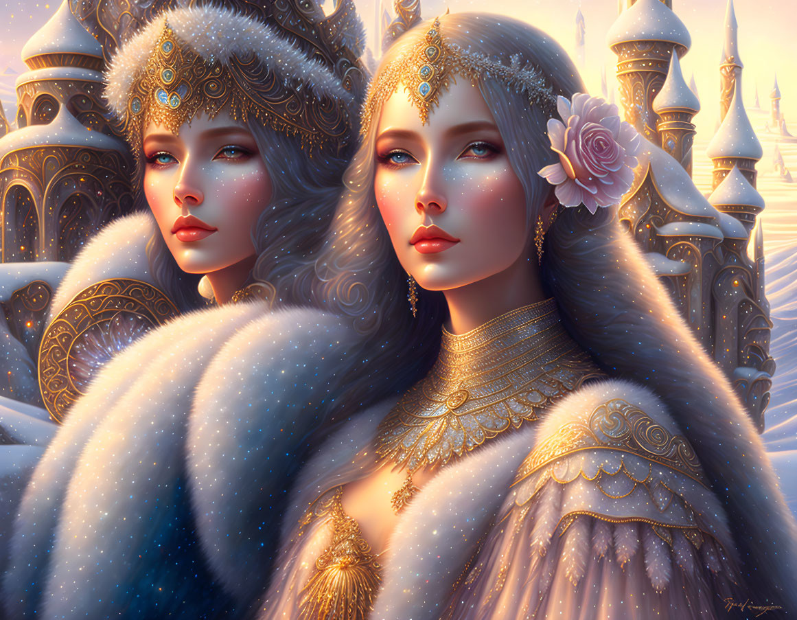 Two women in ornate headpieces and fur cloaks in snowy fantasy scene