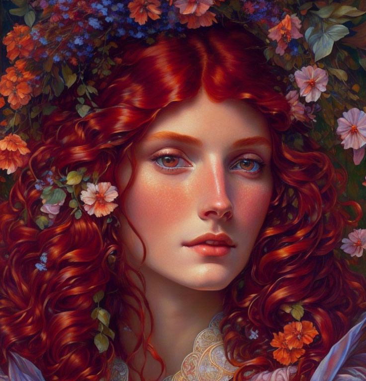 Woman Portrait with Flowing Red Hair and Multicolored Flowers