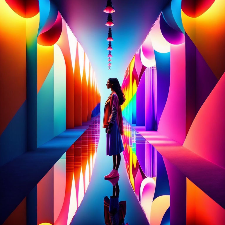 Colorful Geometric Hallway with Mirrored Floors and Hanging Lanterns