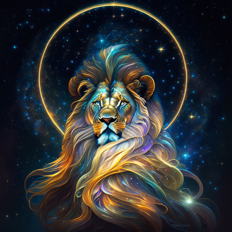 Colorful Lion Artwork with Cosmic Theme and Glowing Halo