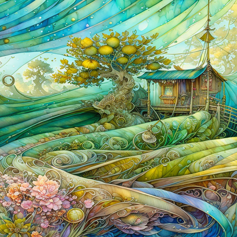 Colorful fantasy landscape with swirling patterns, fruit tree, and wooden hut