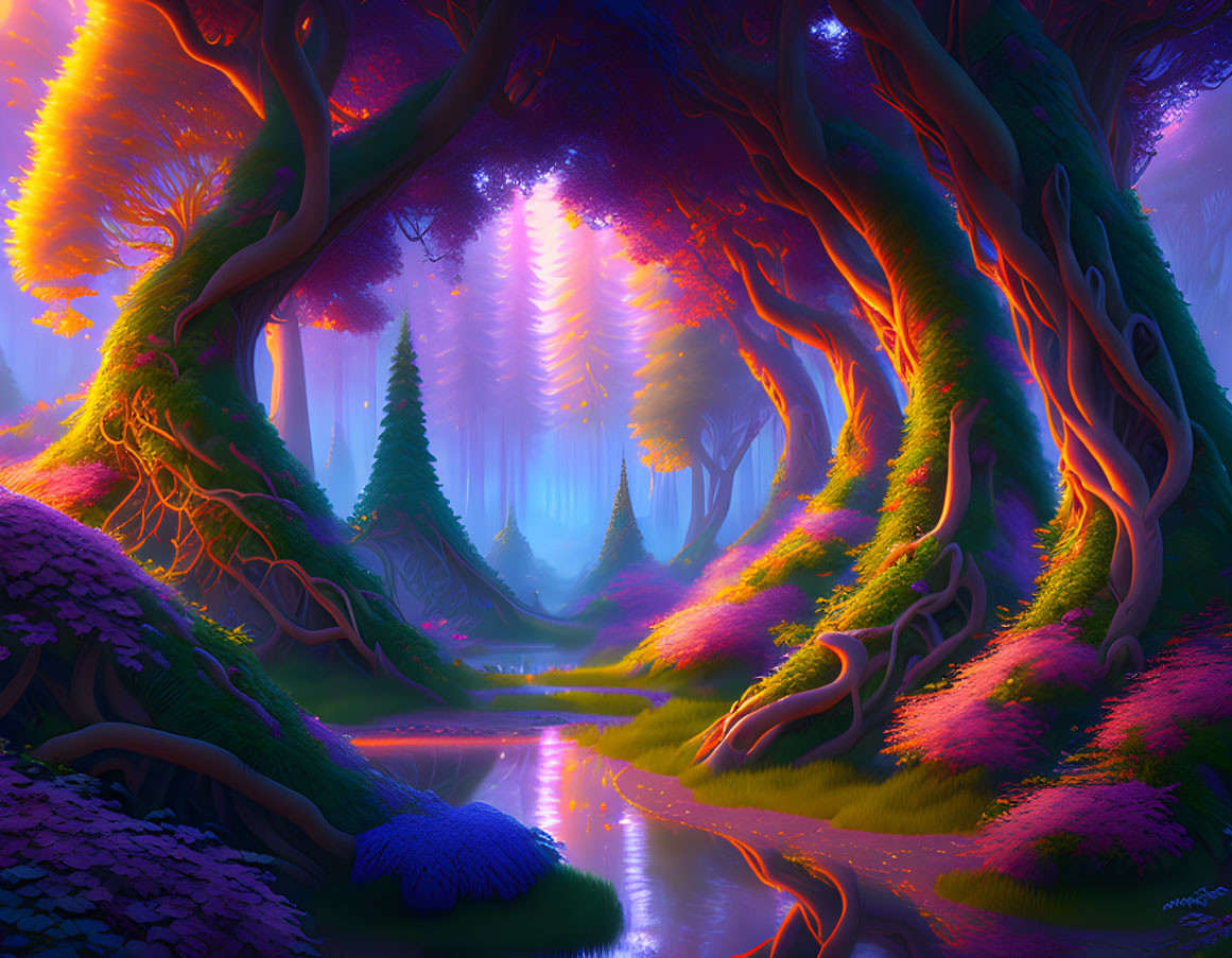 Fantasy forest with twisted trees, stream, colorful flora, and ethereal light.