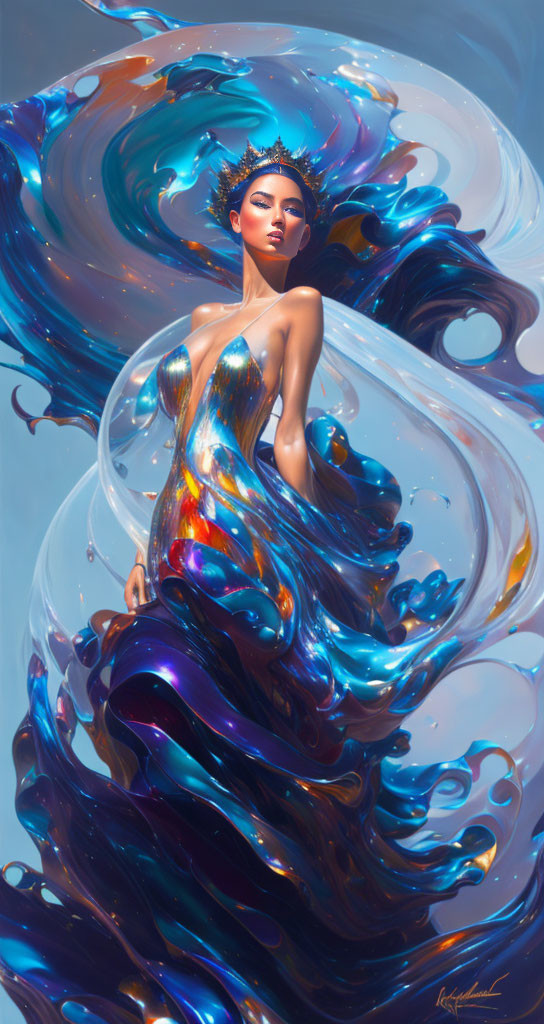 Fantasy illustration of woman with crown in blue and gold liquid swirls