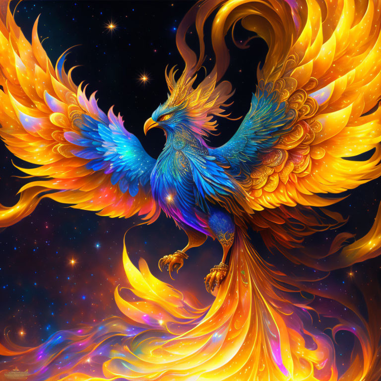 Colorful Phoenix Artwork with Cosmic Background