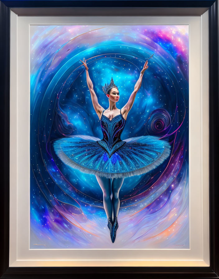 Ballerina in cosmic-themed tutu dances in swirling galaxy backdrop