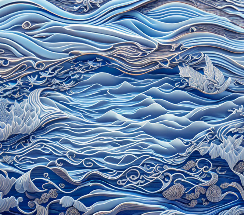 Layered Paper Art: Blue Ocean Scene with Waves and Sailboat