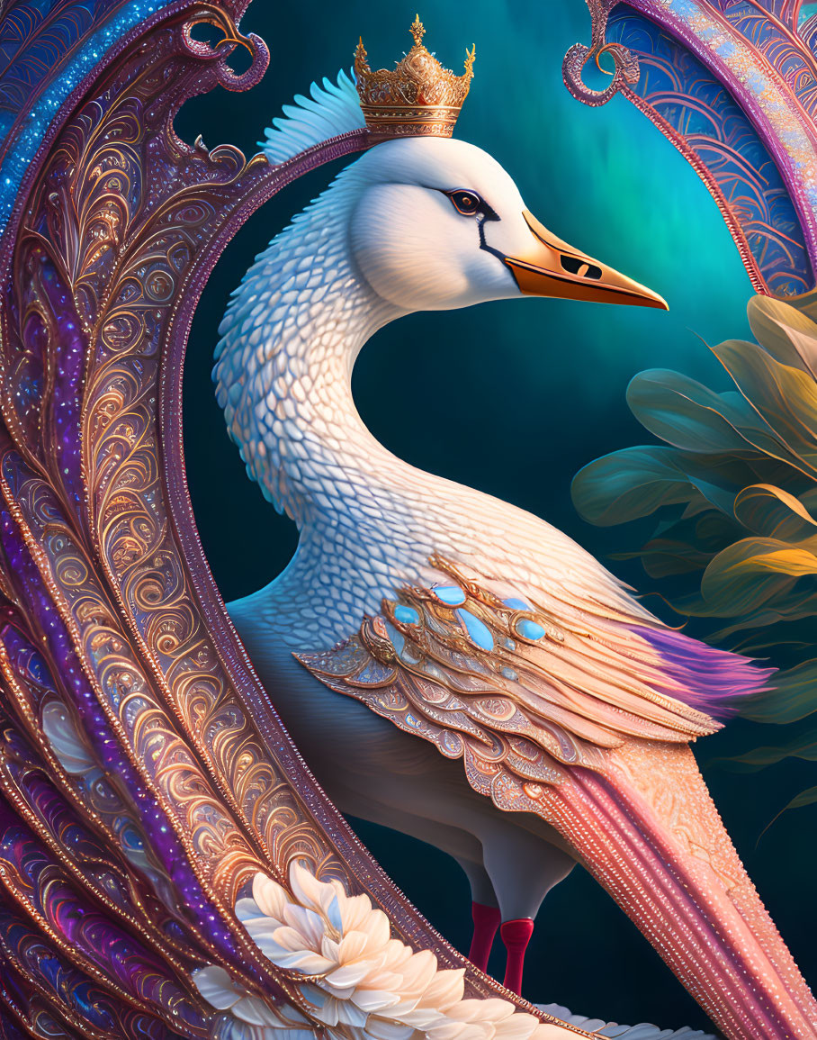 Regal Swan Illustration in Crown and Ornate Attire