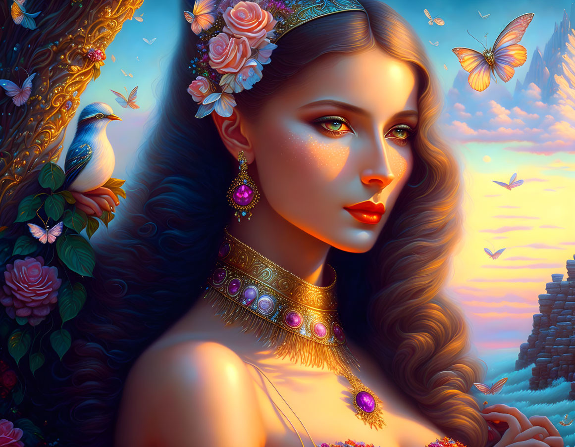 Fantastical portrait of a woman with flowers, jewels, and butterfly in colorful setting