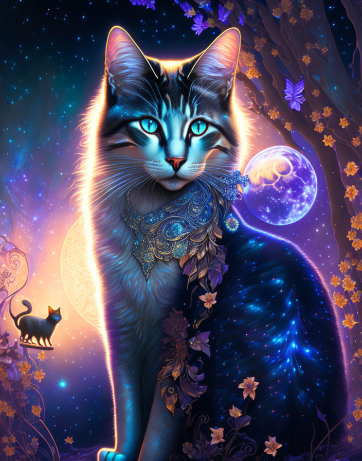 Mystical cat with cosmic patterns and blue eyes under starry night sky